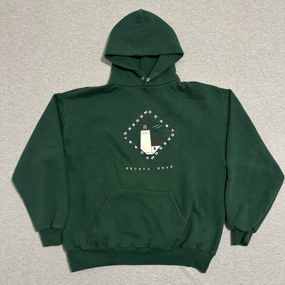 Vintage Jerzees Super Sweats Oregon Coast Heceta Head Hoodie Green USA Mens XL
